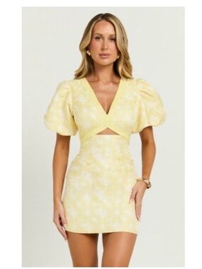 Showpo Diana Mini Dress Jacquard Short Sleeve Cutout Dress in Lemon